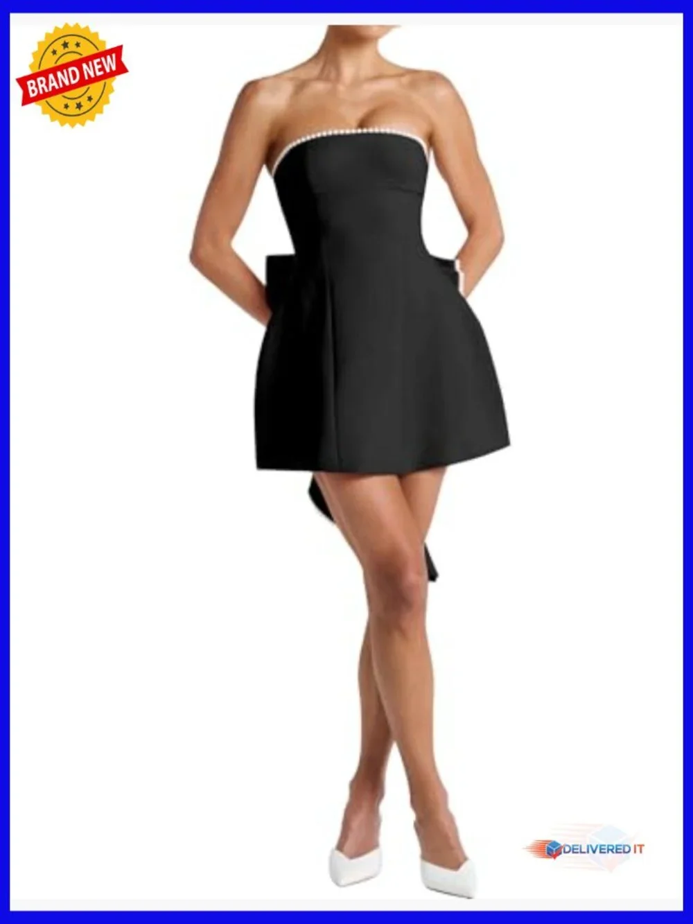 Strapless A-Line Mini Dress with Pearl Bow, Sleeveless Backless Summer Party - Picture 6 of 7